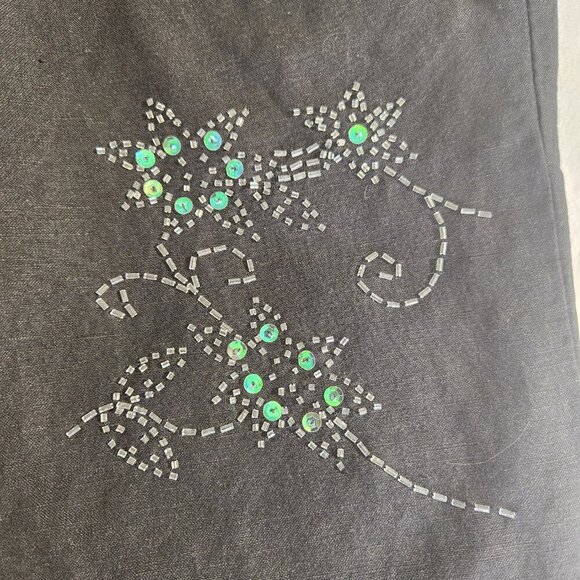 Larry Levine Women 8P Black Linen Blend Floral Beaded Crop Pant Side Zip Casual - Picture 9 of 16